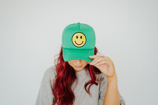 Be Happy Trucker Hat in Green & Cream