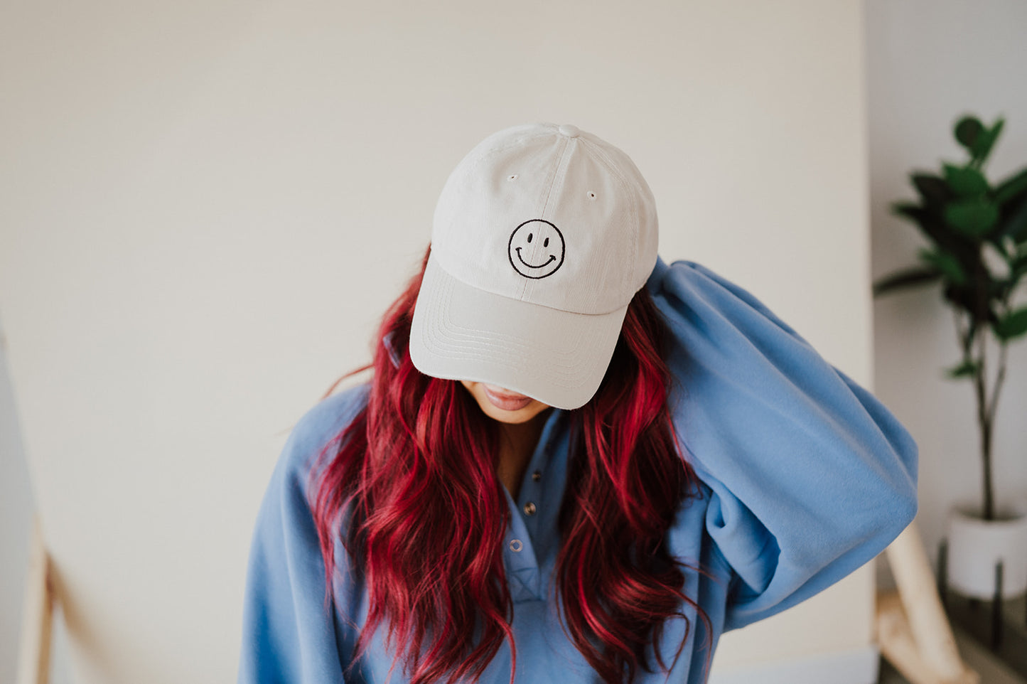 Smiley Face Embroidered Hats *available in tan and white*