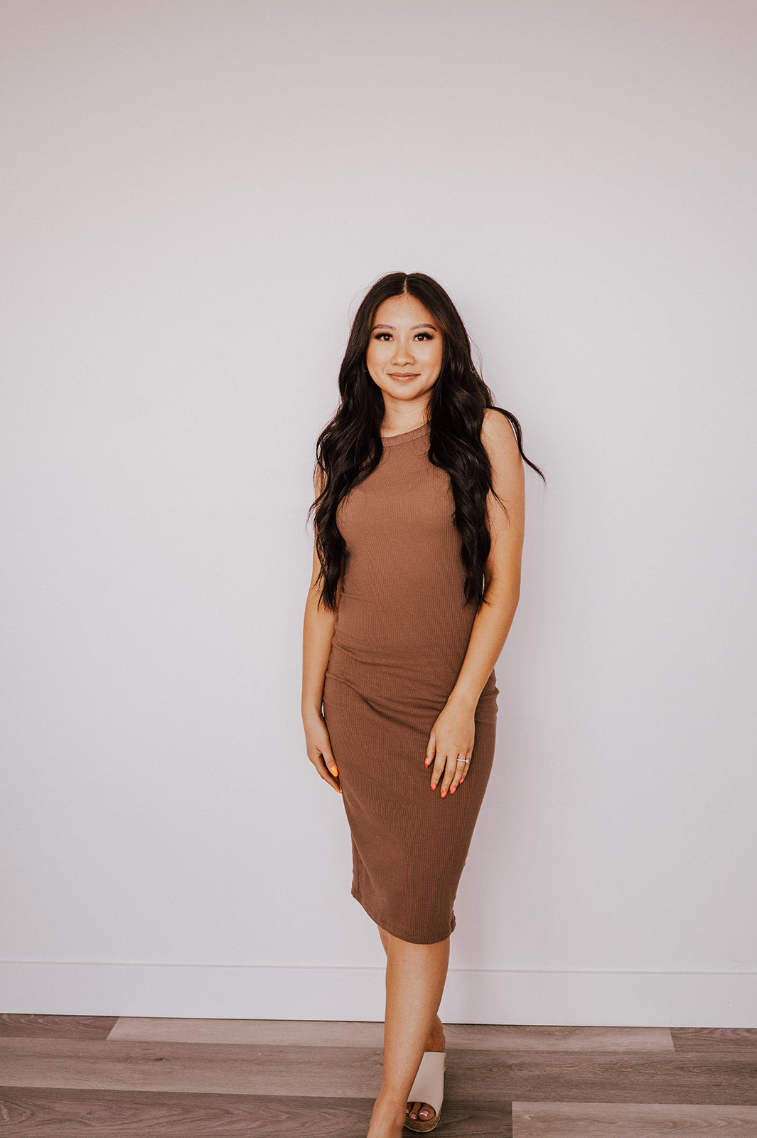 Lucy Ribbed Bodycon Midi Dress in Brown